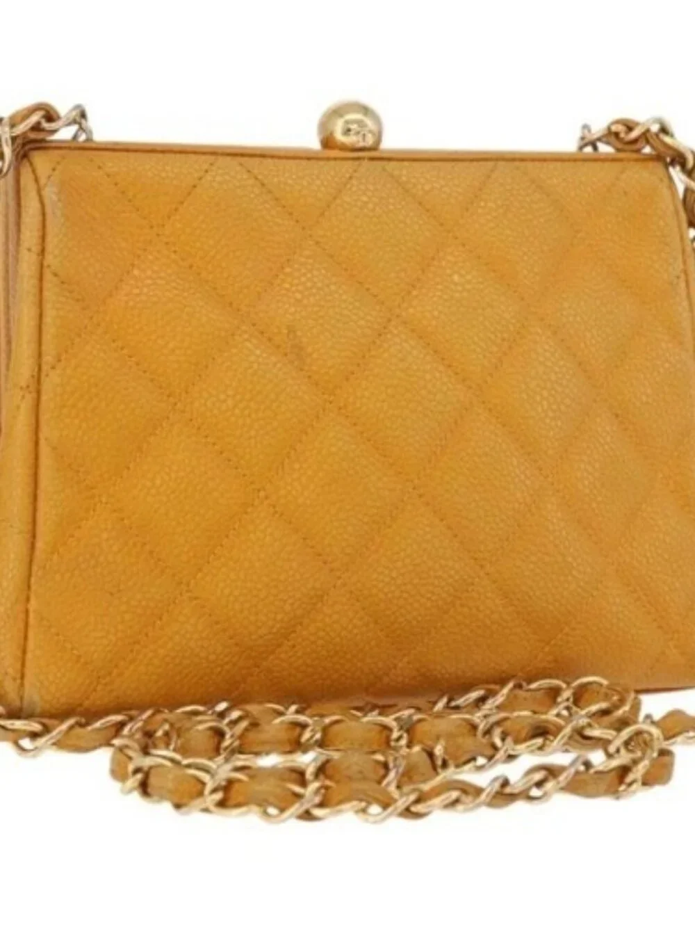 CHANEL Matelasse Chain Shoulder Bag Grained Calf Skin Yellow Gold CC Auth 18...